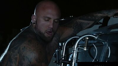 Beefy Trucker Drills Tatted Muscle Outdoors - RagingStallion