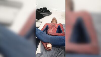 Spiderman cums while riding massive dildo