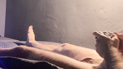 I'm playing a video game and I'm horny! I cum on my chest with a massive loads of cum!