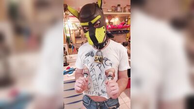 Pig Slut Whore Titten-Sau Huge Big Cock Cum shot in Workshop