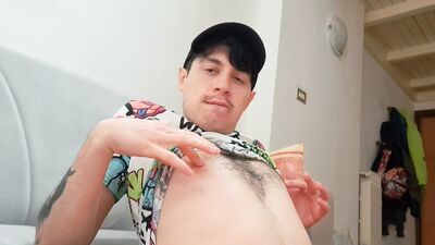 A vulgar guy pushes you to masturbate while you watch him strip naked and moan