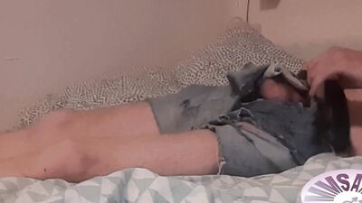 Horny sweaty selfplay and handjob till MeMySelfAndMyOwn moaning cumshot in ripped skinny shorts.