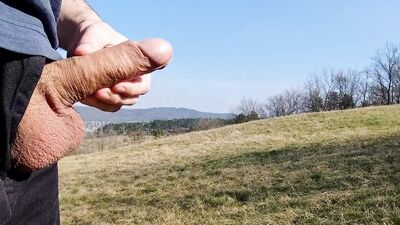 Big dick cum twice in the middle of huge meadow, anybody could watch me