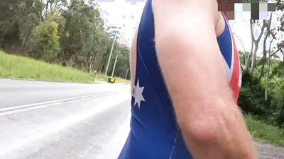 Walking around in my blue one piece Swimsuit