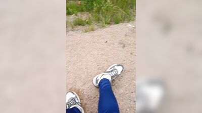 Sexy guy walks in the woods and jerks off his cock in his tight sweatpants