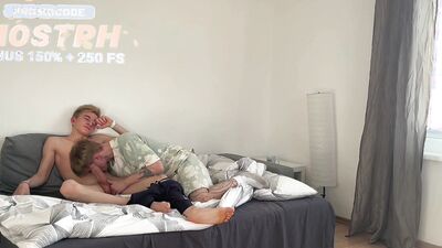 Gave a deep throat blowjob to a twink with a big dick and brought him to orgasm