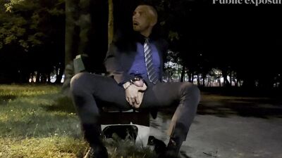 businessman is riding the dildo outdoor in public and he is cumming outside by the road