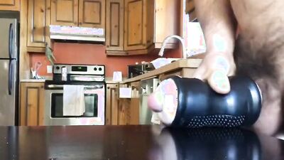 Huge load thrown by daddy with cock manually aroused.