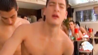 Dude gets his tight ass destroyed in this gay pool orgy