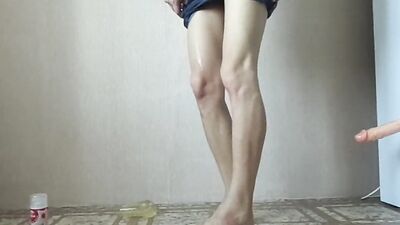 Amateur teen rides his dildo and strokes his hard dick