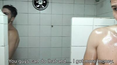 Lad sucks boyfriend's cock and gets fucked in the shower