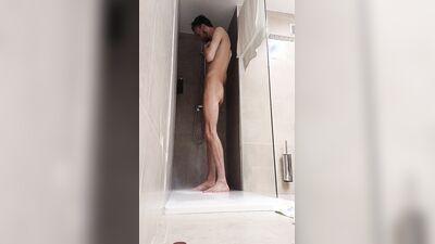 Compilation of Very tall skinny male with juicy cock taking a warm shower while on a holiday