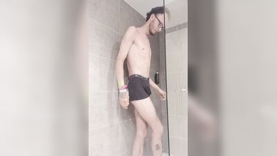 Compilation of Very tall skinny male with juicy cock taking a warm shower while on a holiday