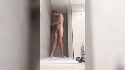 Compilation of Very tall skinny male with juicy cock taking a warm shower while on a holiday