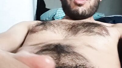 Shiny & Hairy dick full of oil cumming a lot on lumberjarck body full of semen