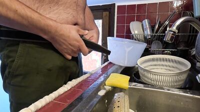 Washing dishes with pee and great cumshot