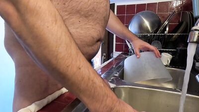 Washing dishes with pee and great cumshot