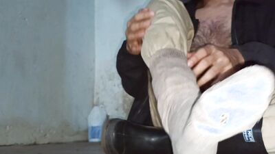 The Farmer: Sweaty, smelly and hairy rancher rubbing his male feet in farm boots