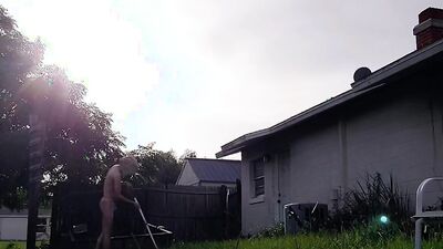 jerking off after trimming the grass in nothing but a thong