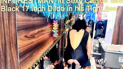 RAINFORESTMAN in Catsuit taking Black 17 inch Dildo in his Tight Ass.