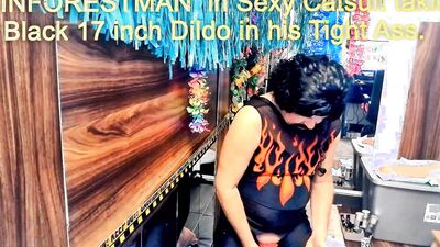 RAINFORESTMAN in Catsuit taking Black 17 inch Dildo in his Tight Ass.