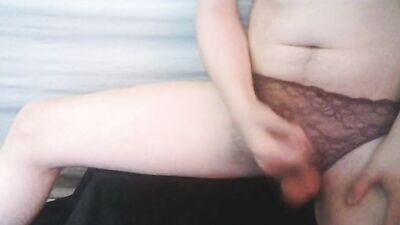 Twink jerking his cock in Panties