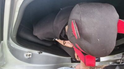 Extreme shock , A puppy fucked on the hood of a car near truckers watching our fuck without a condom