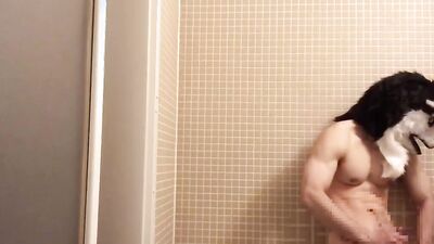 Muscle Werewolf Third ejaculation of the day in the bathroom!