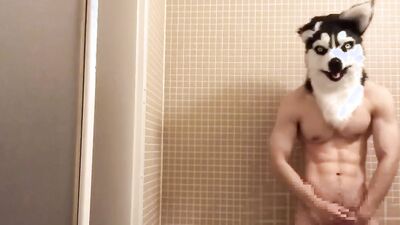 Muscle Werewolf Third ejaculation of the day in the bathroom!