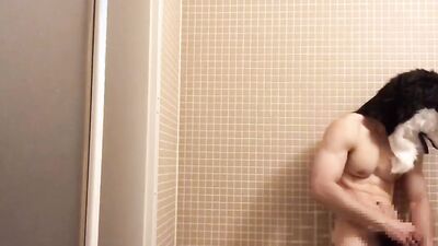 Muscle Werewolf Third ejaculation of the day in the bathroom!