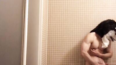 Muscle Werewolf Third ejaculation of the day in the bathroom!