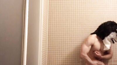 Muscle Werewolf Third ejaculation of the day in the bathroom!