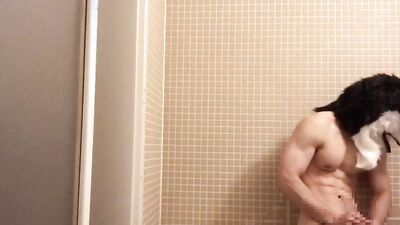 Muscle Werewolf Third ejaculation of the day in the bathroom!