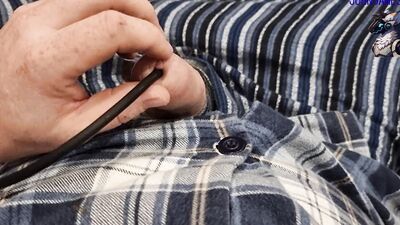 white kiwi bear in pyjamas sticks a urethral vibrator deep in his cock to his bladder and cumshot