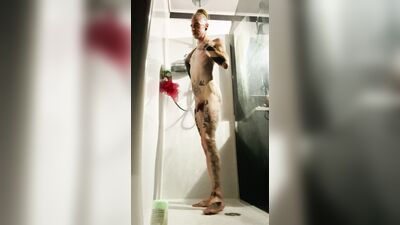 slim tattooed femboy naughty anal play shower