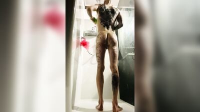 slim tattooed femboy naughty anal play shower