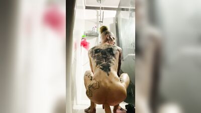 slim tattooed femboy naughty anal play shower