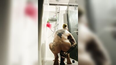 slim tattooed femboy naughty anal play shower