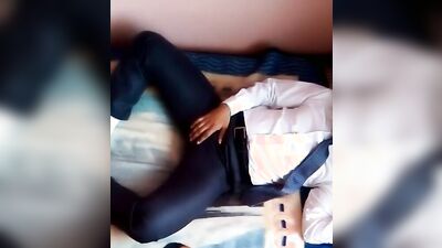 playing with bulge white socks in satin suit trousers 02