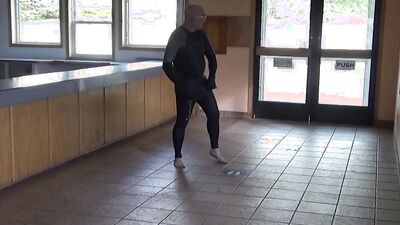 leather & pantyhose then in a wetsuit jerking off at door