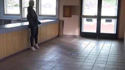 leather & pantyhose then in a wetsuit jerking off at door