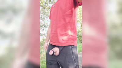 Risky showing my vibro ring outside. Cum piss and fat stream piss on the street