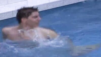 Hard gay sex with 2 big cocks at the edge of the pool