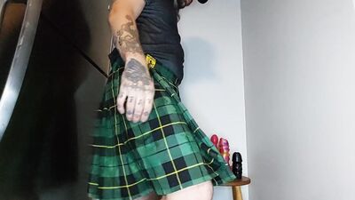 Kilted Stud Cums Hands Free and Pisses From Huge Dildos