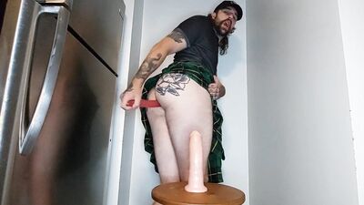 Kilted Stud Cums Hands Free and Pisses From Huge Dildos