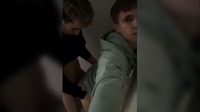 Blowjob to a boy with a big dick on the stairs