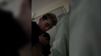 Blowjob to a boy with a big dick on the stairs