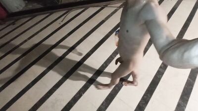 Totally naked in a mall playing with piss and cum