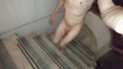 Totally naked in a mall playing with piss and cum