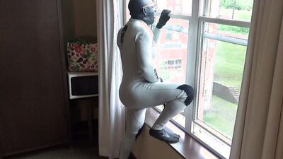 Wetsuit fun in hotel room